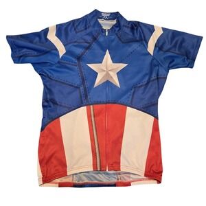 Super Hero Captain America Cycling Jersey Mens XL Blue Red White Full Zip Marvel